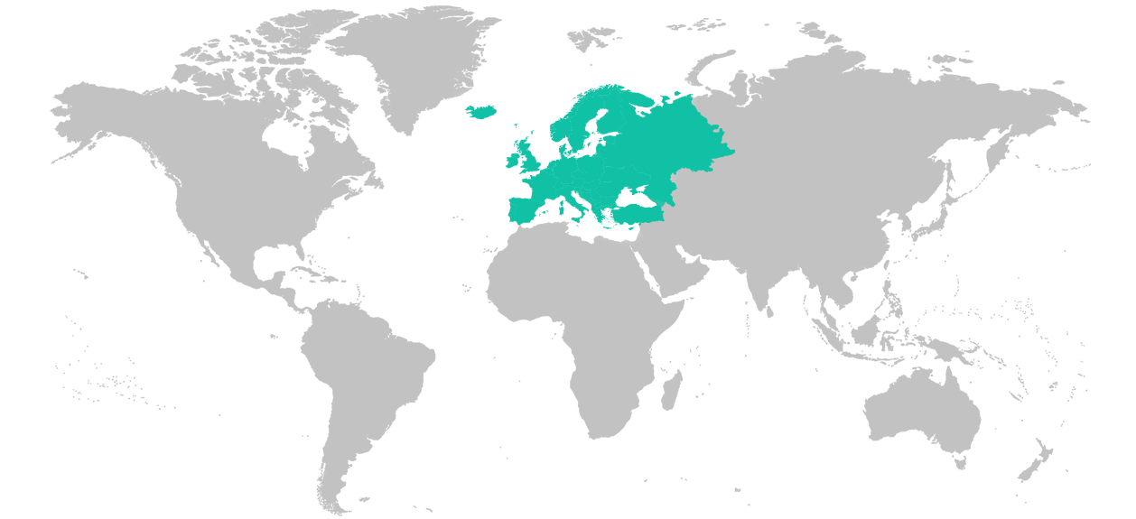 Map of the world with the general region of Europe highlighted.