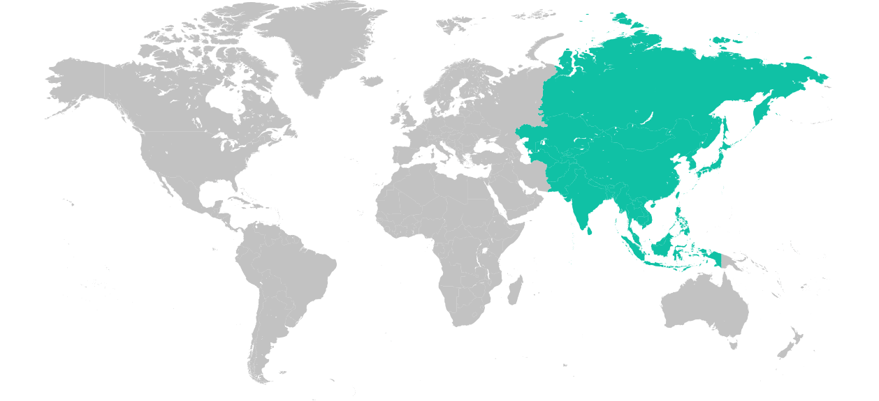 Map of the world with Asia highlighted
