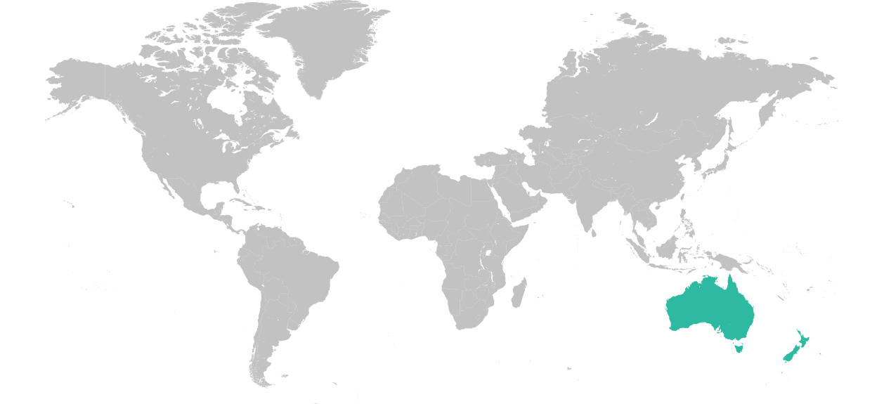 World map with Australia, Tasmania, and New Zealand highlighted.