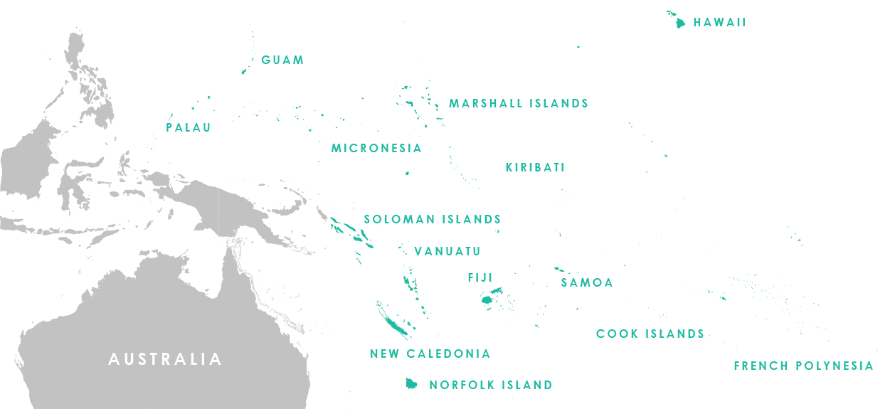 Map of the islands of the Pacific, including Hawaii, Marshall Islands, Guam, Palau, Micronesia, Kiribati, Solomon Islands, Vanuatu, Fiji, Samoa, Cook Islands, French Polynesia, New Caledonia, Norfolk Island, and more.